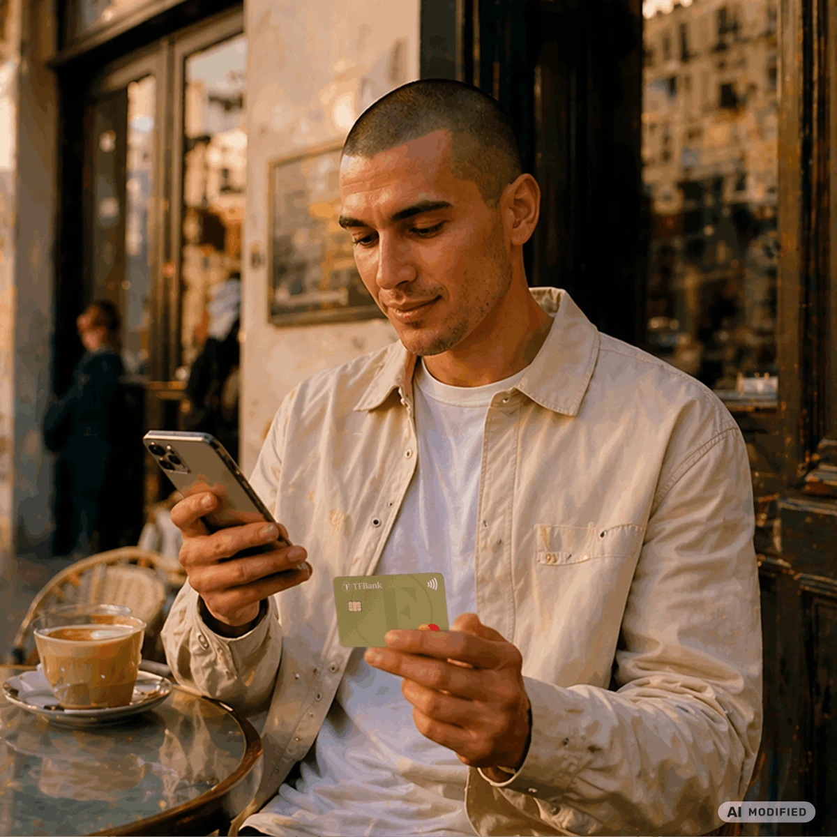 man sitting in outdoor cafe holding phone and tf bank mastercard