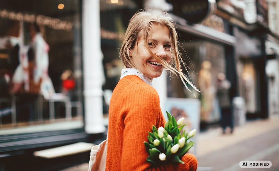 smiling woman with flower bouquet