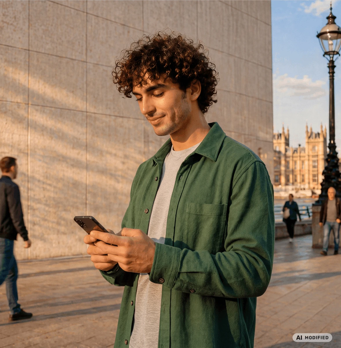 smiling man looking at phone in city