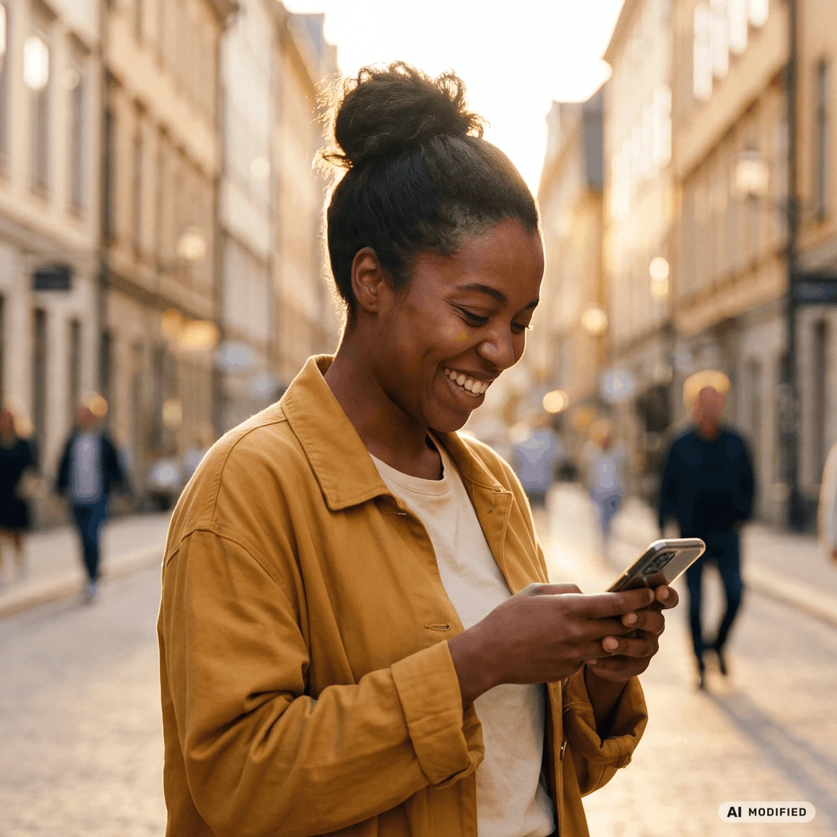 smiling woman looking at phone in city