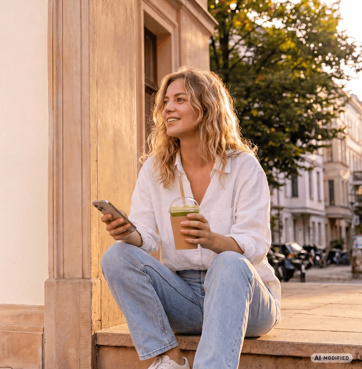 smiling woman with phone and smoothie sitting on stairs in city
