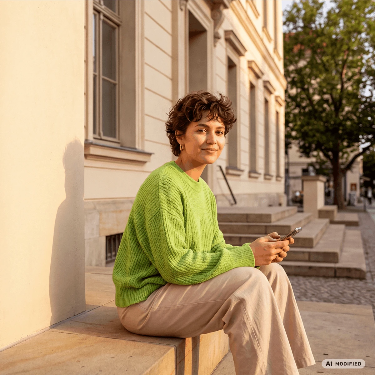 smiling woman sitting on stairs with phone in her hands