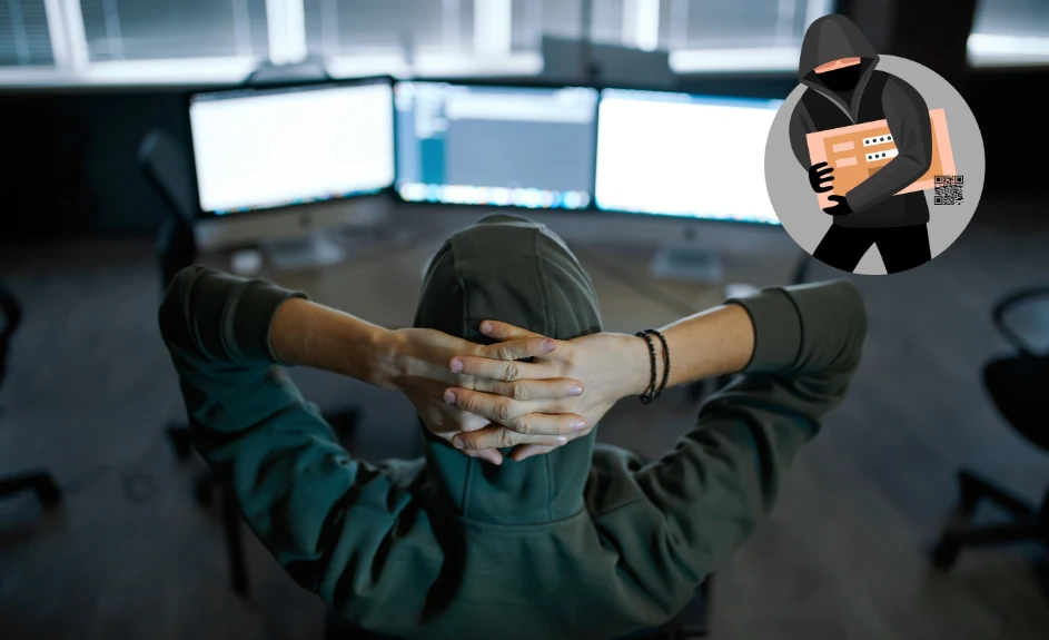 Svindler sitter foran pc-skjerm og illustrasjonsbilde av en svindler