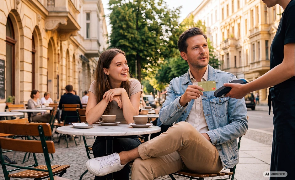 man paying with tf bank mastercard in outdoor cafe