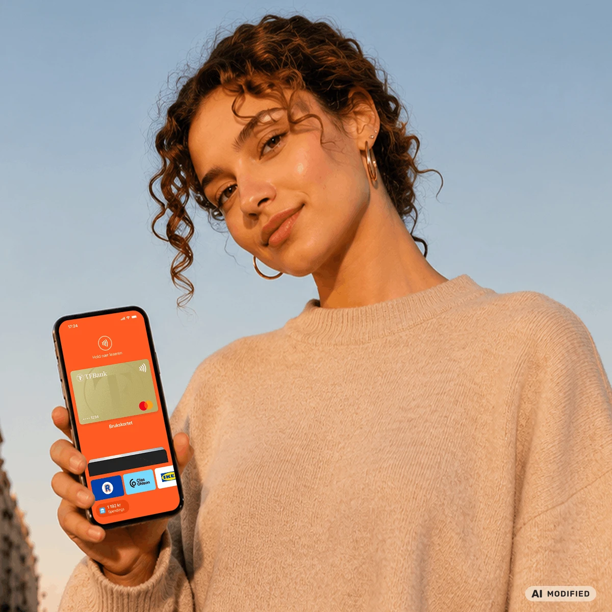 woman holding up vipps pay on her phone