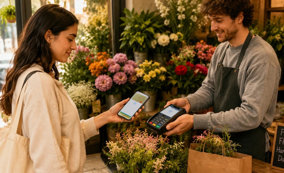 woman paying with apple pay in flower shop