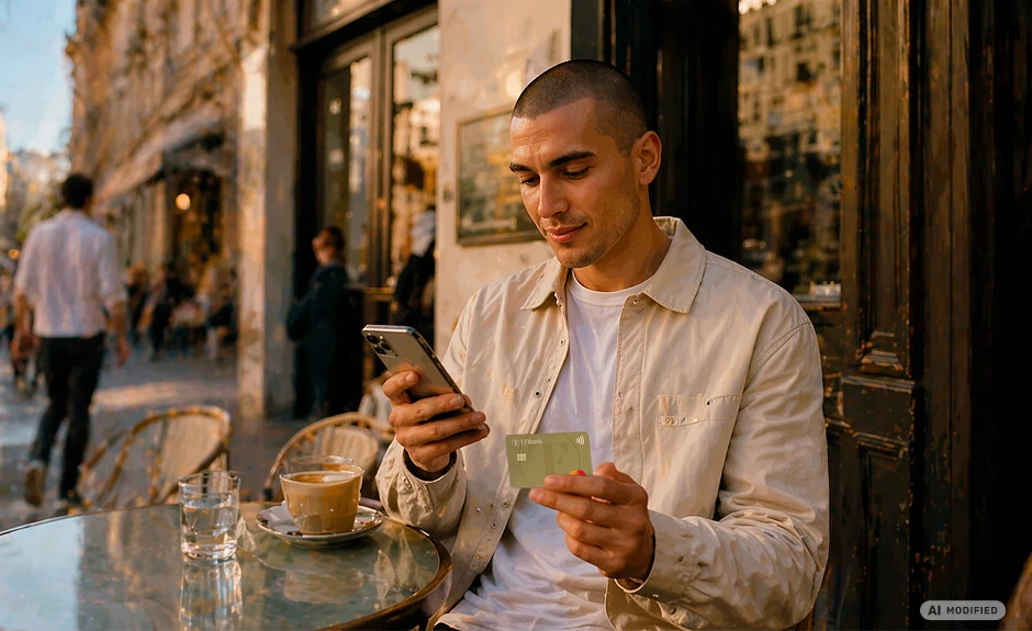 smilende mann med mobil og tf bank mastercard i hendene