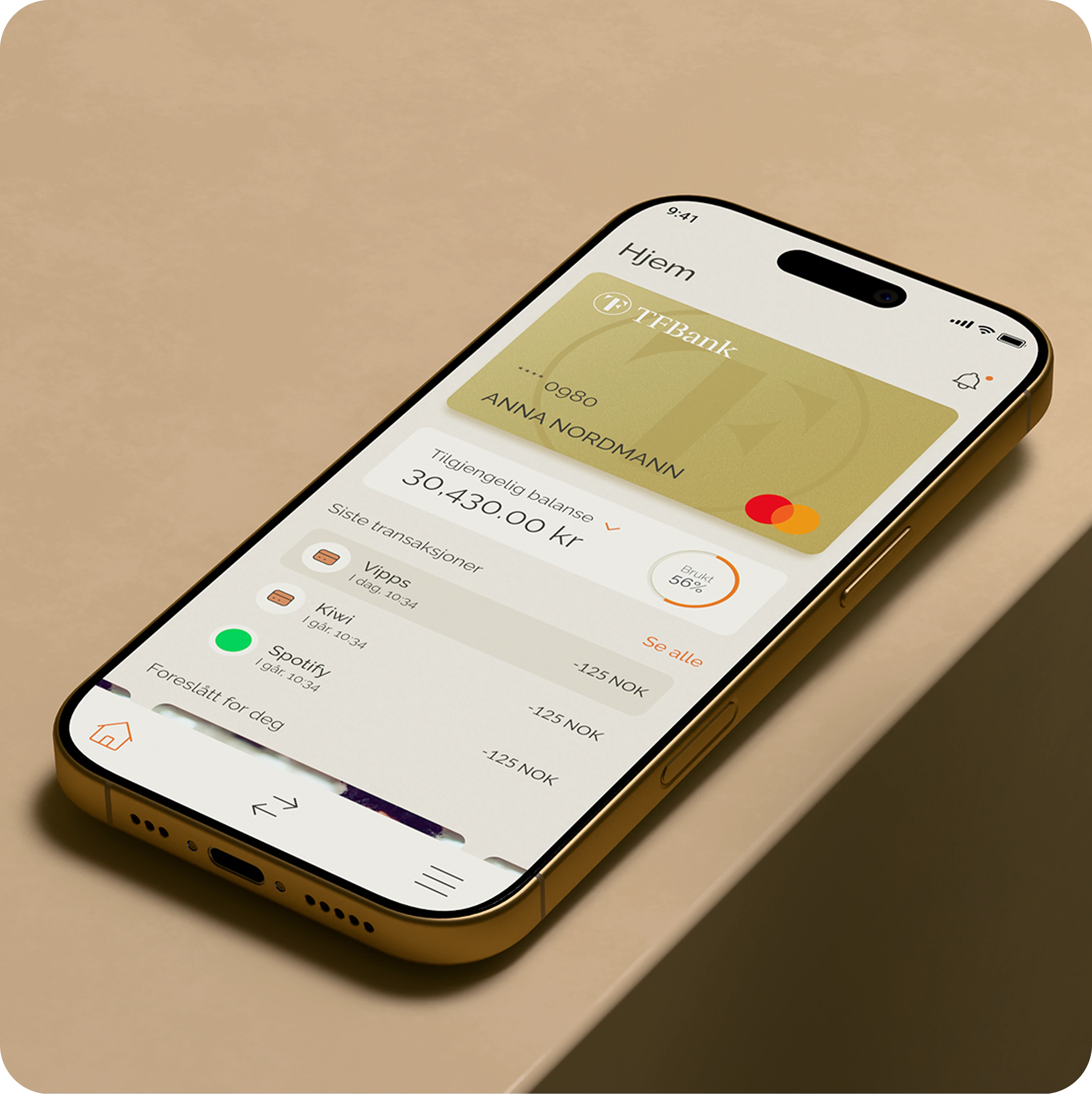 oversikt over forsiden i tf bank-appen