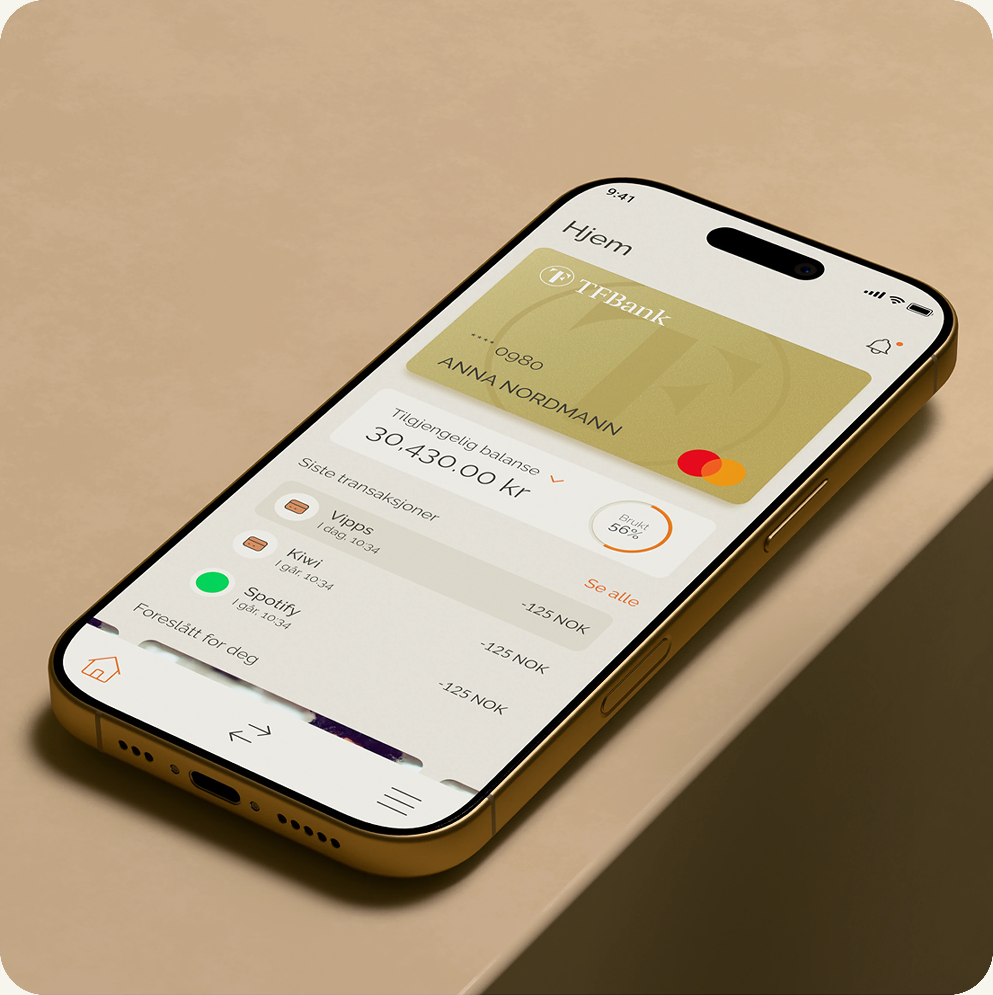 oversikt over forsiden i tf bank-appen