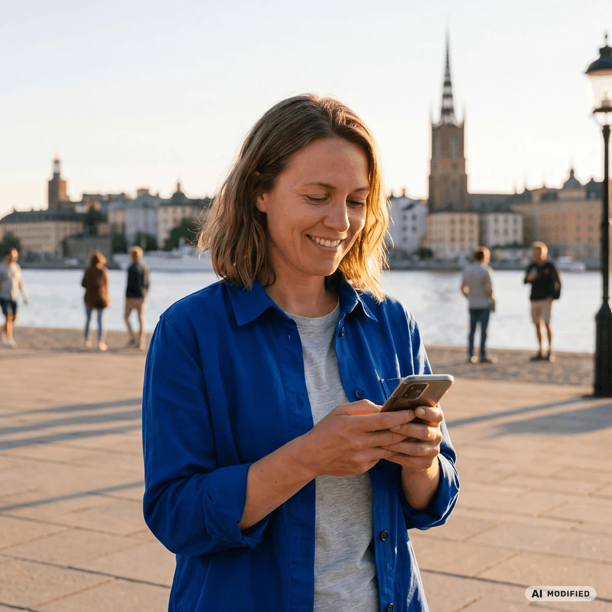 smiling woman looking at phone in city