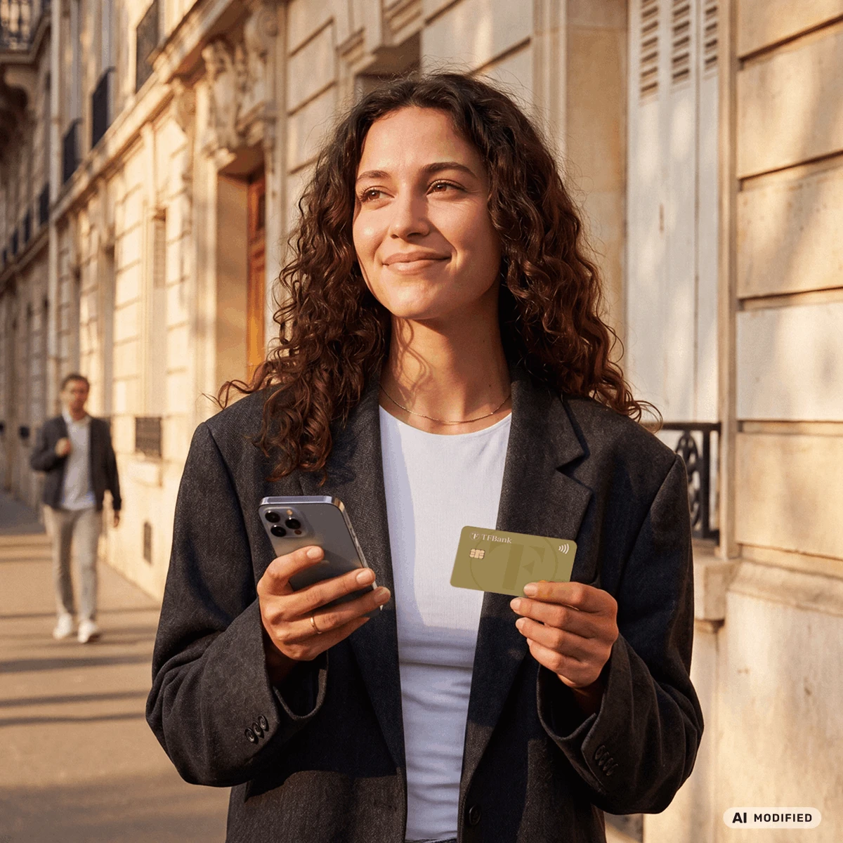 smiling woman holding mobile and tf bank mastercard