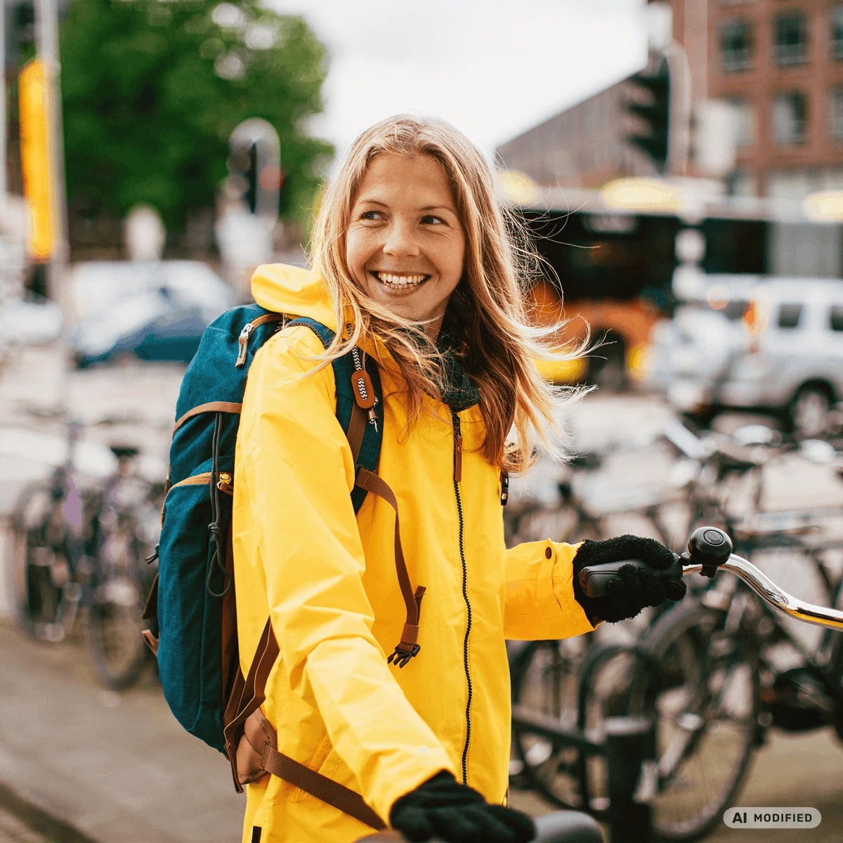 smiling woman parking bicycle in city