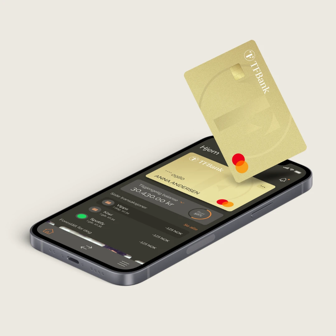 TF Bank-appen på mobil og TF Bank Mastercard
