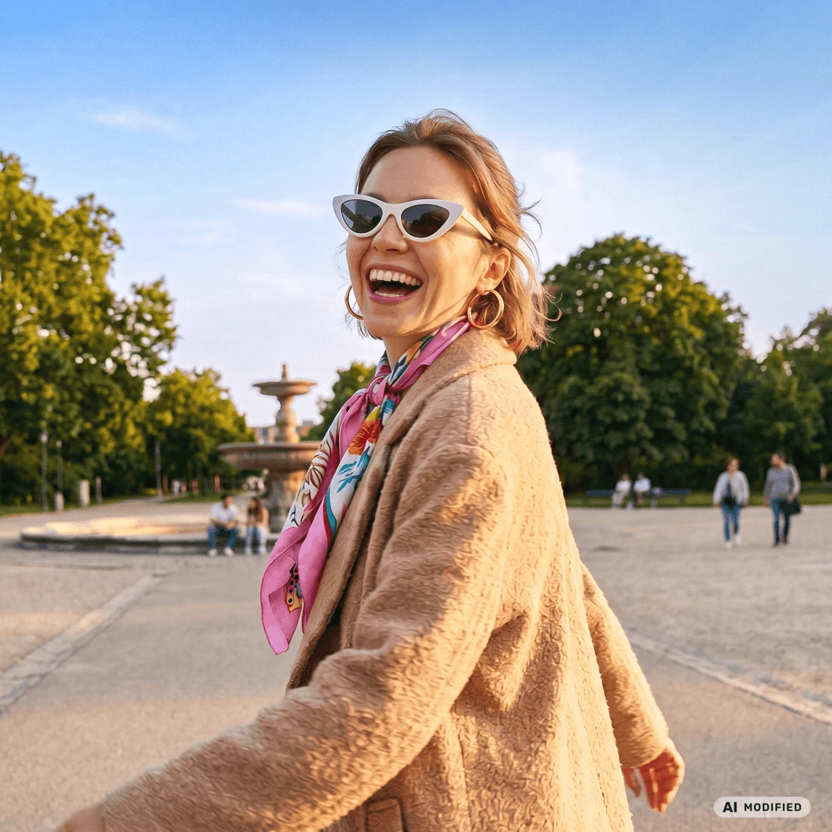 smiling woman walking in city