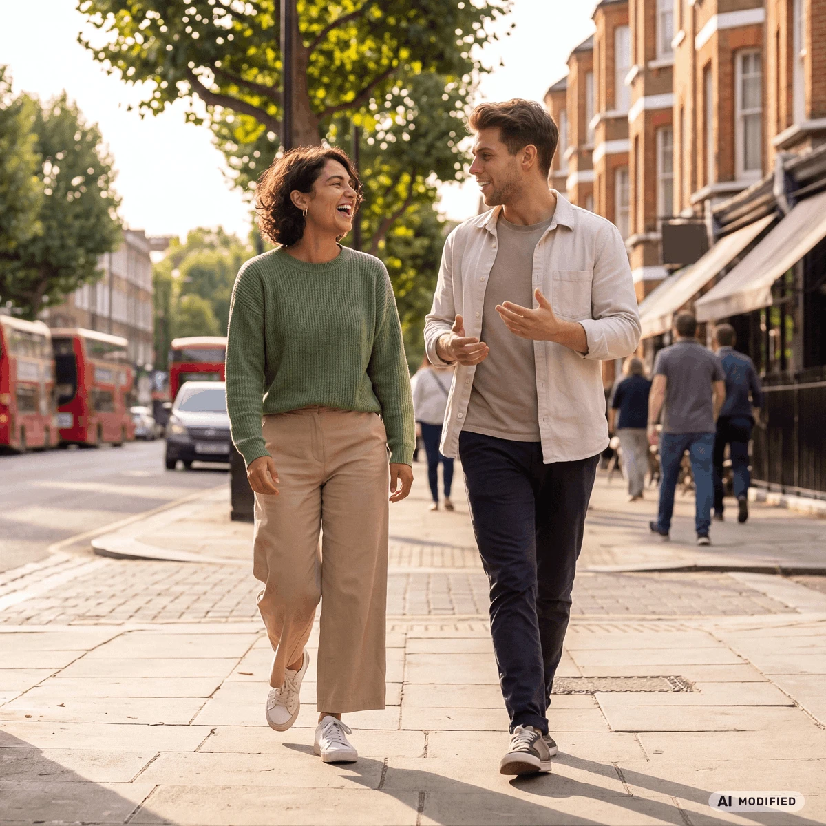 smiling friends walking in city