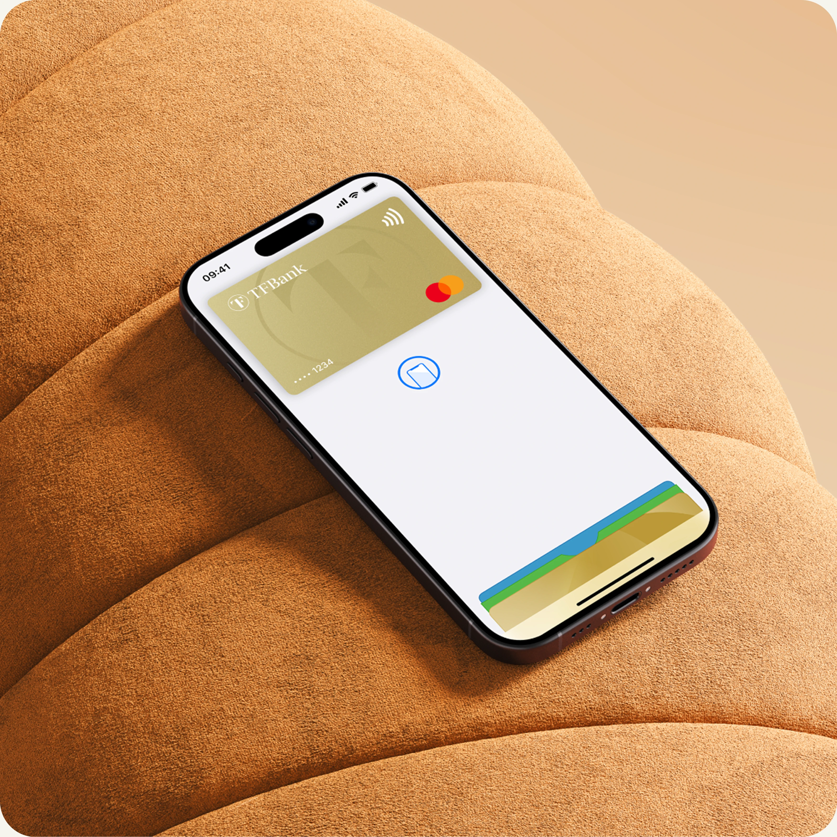 tf bank mastercard i apple pay på oransje sofa