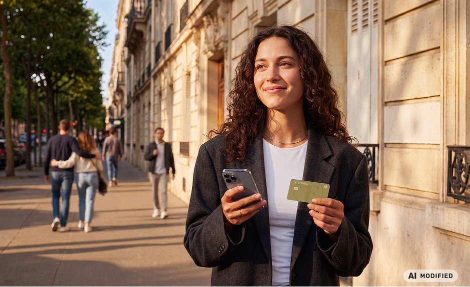 smiling woman holding mobile and tf bank mastercard