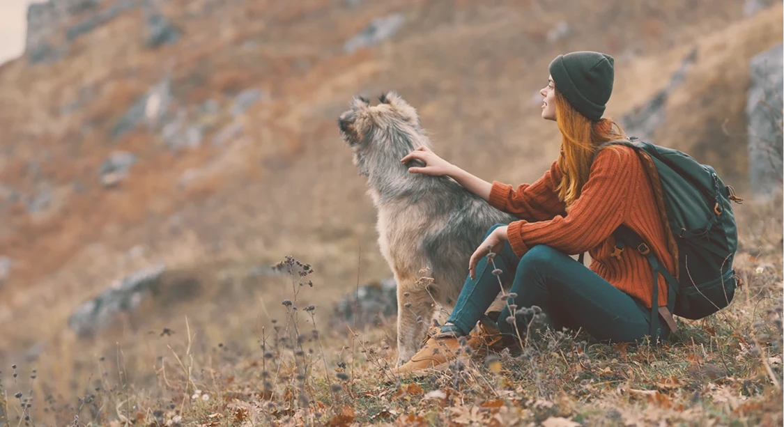 Dame og hund på fjellet på høsten