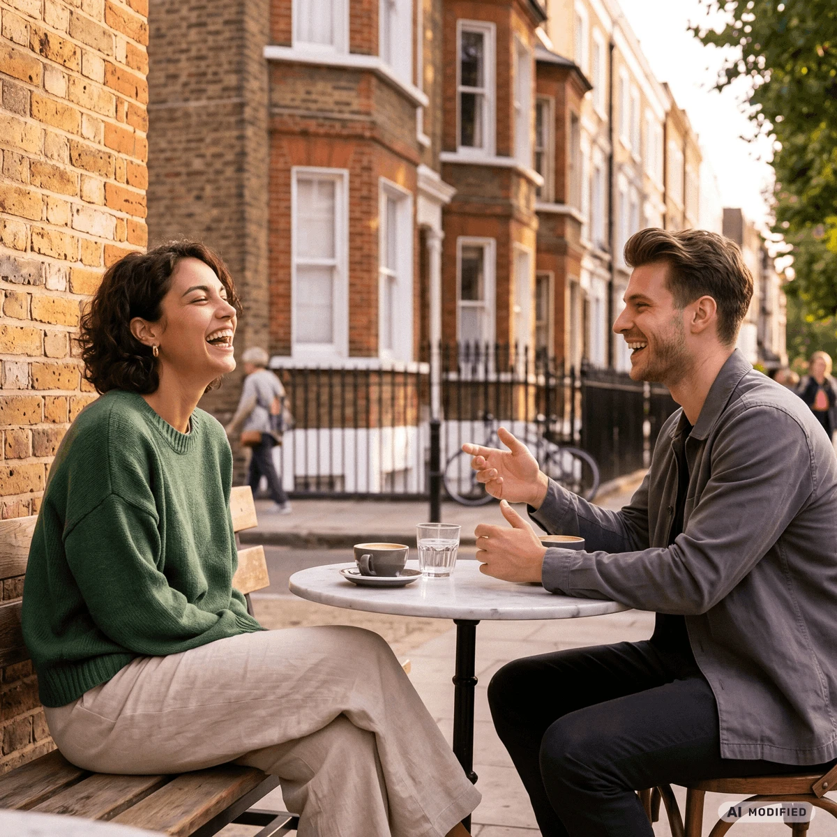 laughing friends sitting in an outdoor cafe
