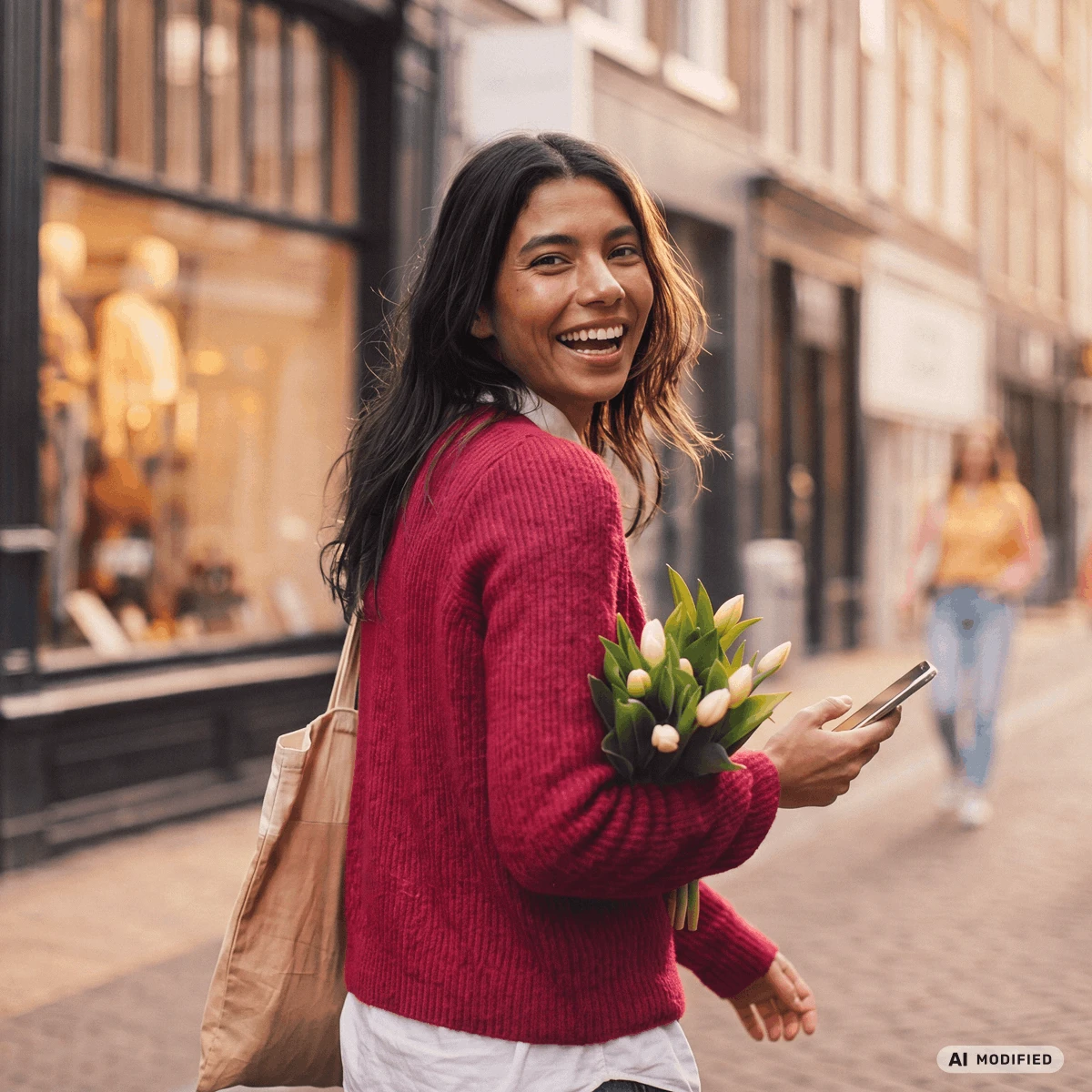 smiling woman with flower bouquet