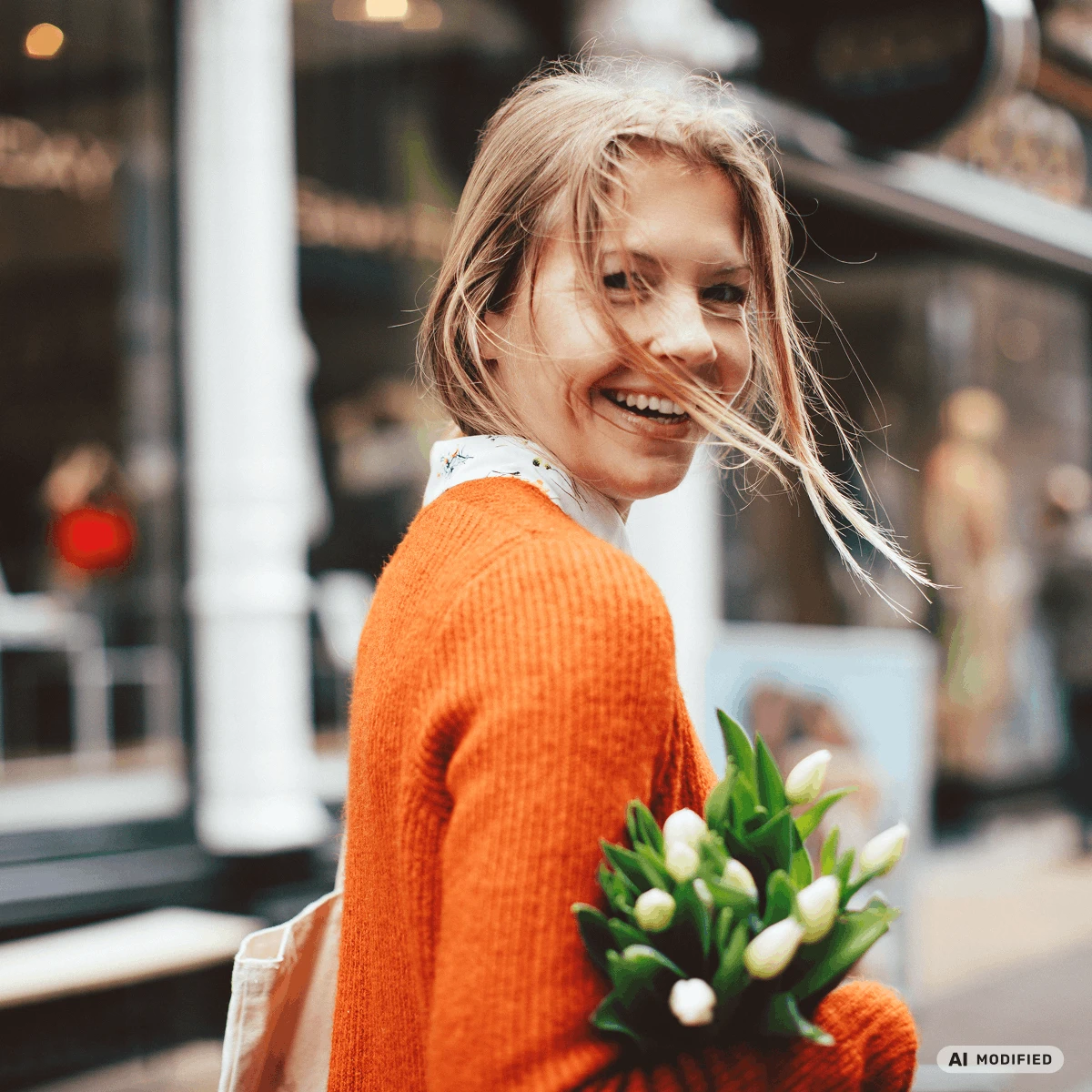 smiling woman with flower bouquet