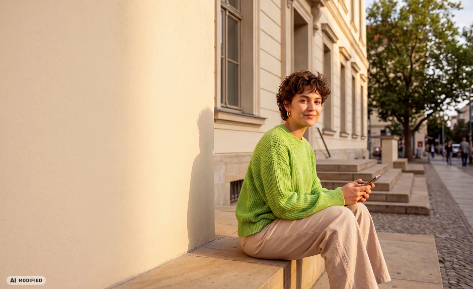 woman sitting on stairs in city